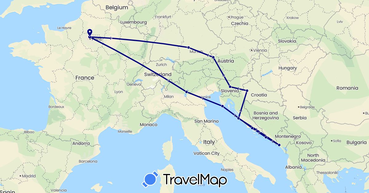 TravelMap itinerary: driving in Austria, Bosnia and Herzegovina, Germany, France, Croatia, Italy, Montenegro, Slovenia (Europe)